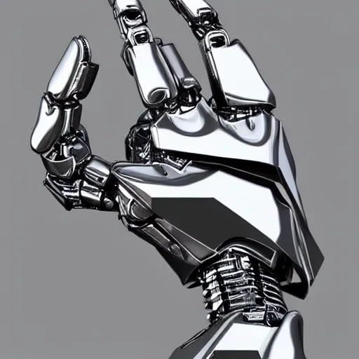 Prompt: a metal robotic hand, realistic, reflective, mechanical, 4 k, detailed