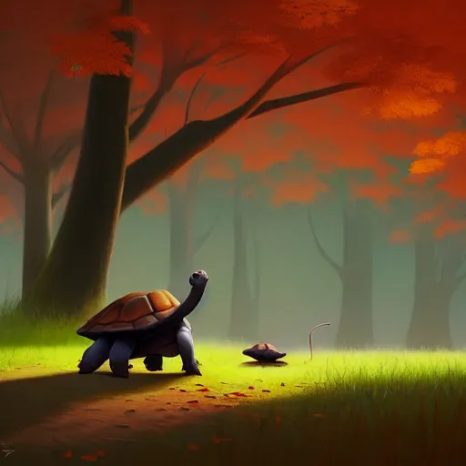 Prompt: Goro Fujita a tortoise walking through the forest, painting by Goro Fujita, sharp focus, highly detailed, ArtStation