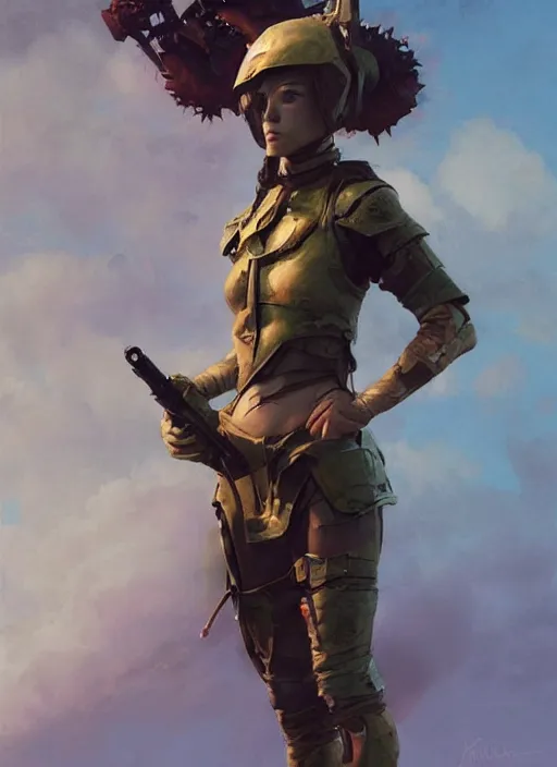 Prompt: hyper realistic painting of fantasy soldier girl, full body, rule of thirds, conceptart, saturated colors, cinematic, greg rutkowski, brom, james gurney, mignola, craig mullins, alan lee