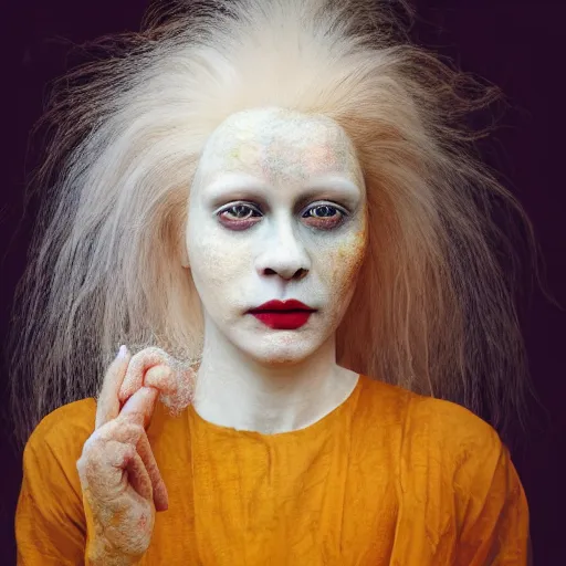 Image similar to realistic expired kodak film portrait of albino india woman tentacled creature mix, marigold celestial vibe, hyperrealism, hypermaxiymalism, photorealistic, detailed, atmospheric, 8 k, award winning photography, cinematic