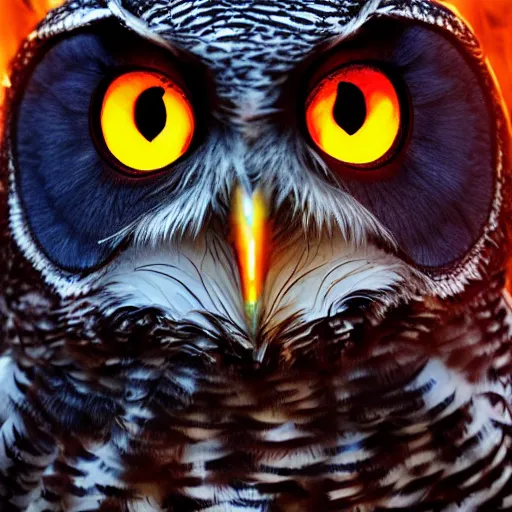Prompt: a pillar of fire and flame stretching into the heavens. reflected in the eyes of an owl. sad expression. horror. ultra realistic.