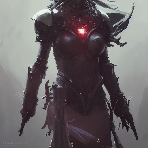 Prompt: trending on artstation, dhamphir, vampire, character design, concept art, style of greg rutkowski, makoto shinkai, symmetrical face, forward facing, fantasy armor, highly detailed, digital art, witch, female