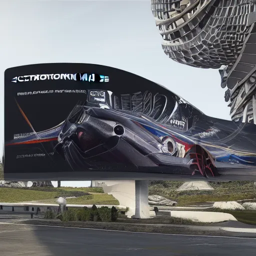 Image similar to sci-fi wall structure logotype and car on the coronation of napoleon painting and digital billboard in the middle, unreal engine 5, keyshot, octane, artstation trending, ultra high detail, ultra realistic, cinematic, 8k, 16k, in style of zaha hadid, in plastic, dark, tilt shift,