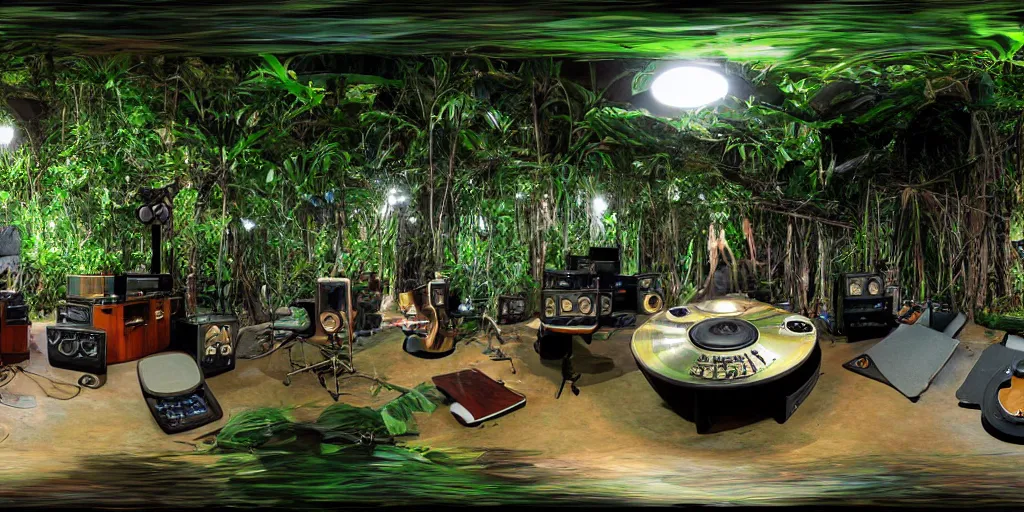 Image similar to a dream recording studio with turntables and large speakers in the jungle, by james gurney, equirectangular projection 360 panoramic