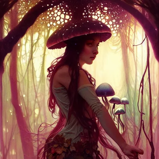 Prompt: A girl surrounded by magical mushrooms in an old forest setting with a full moon above her head, face, intricate, elegant, highly detailed, digital painting, artstation, concept art, smooth, sharp focus, illustration, art by Krenz Cushart and Artem Demura and alphonse mucha