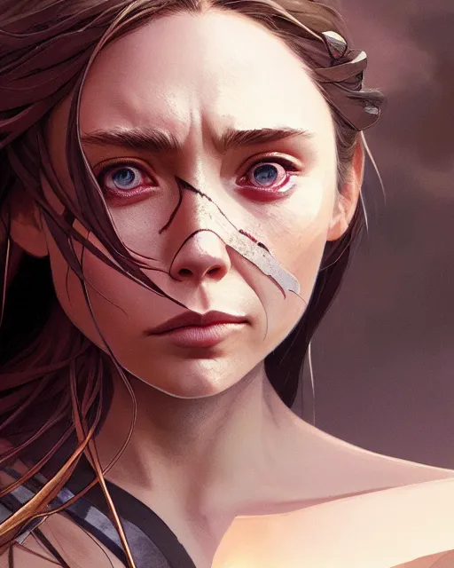 Image similar to azctec warrior, elizabeth olsen, detailed perfect face, exquisite details, fire magic, mid view, design on a white background, by studio muti, greg rutkowski makoto shinkai takashi takeuchi studio ghibli