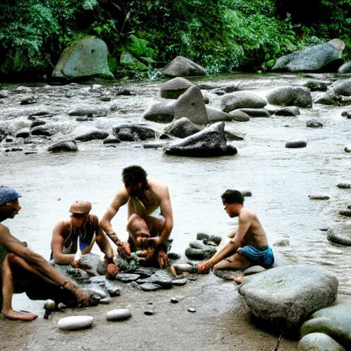 Image similar to prehistoric people, asemble at the river bank, make stone adze from pebble at the river bank in the rainforest, and fishing, high qulity realistic face, hyper - realistic, highly detailed, 8 k, cinematic lighting, global illumination, elegant, ornate, super detail, the light is dim, and the colours are muted. kodak etkar 1 0 0