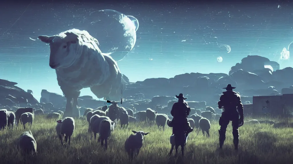 Image similar to Cyberpunk cowboys herding sheep in a No Man's Sky landscape