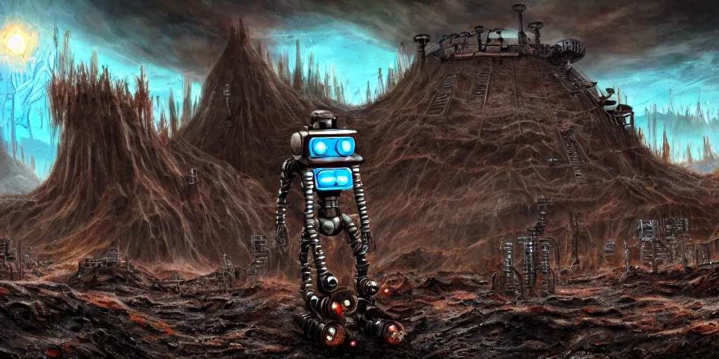 Image similar to a chrome mutant drillbot visiting the asphalt mines, retro - futuristic, science - fantasy, hills, abandoned, ancient tribe, deep shafts, rusted, fungal, salt, lgbt, queer, rpg, epic, dungeons & dragons, sacred, sharp focus, award - winning, extremely detailed, 4 k, 8 k