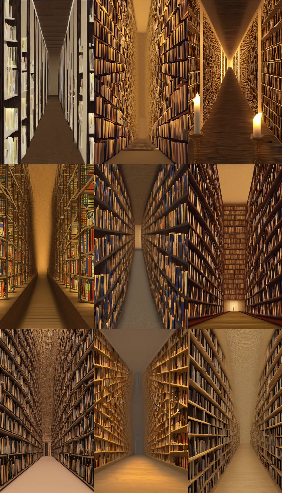 Prompt: A 3d render of an narrow corridor in a library with burning candles and cobwebs