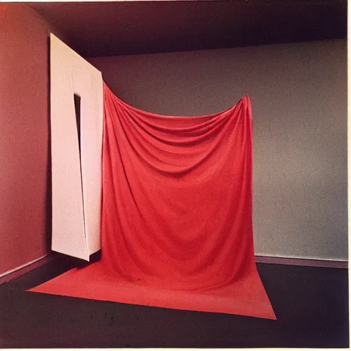 Prompt: a 1 9 7 0 s color photograph of a photo studio with a red cloth draped over it, ultrafine, by kay sage, behance, cubism, cubism, angular, vray tracing