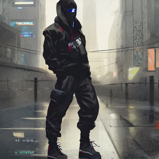Prompt: A broad shouldered, muscular man wearing Acronym p-31 Ds pants and J1W-GTPL jacket and Nike Acronym presto sneakers, Police sirens shining in far background, trending on r/techwearclothing, high quality, digital art, dirty cyberpunk city, rain, greg rutkowski