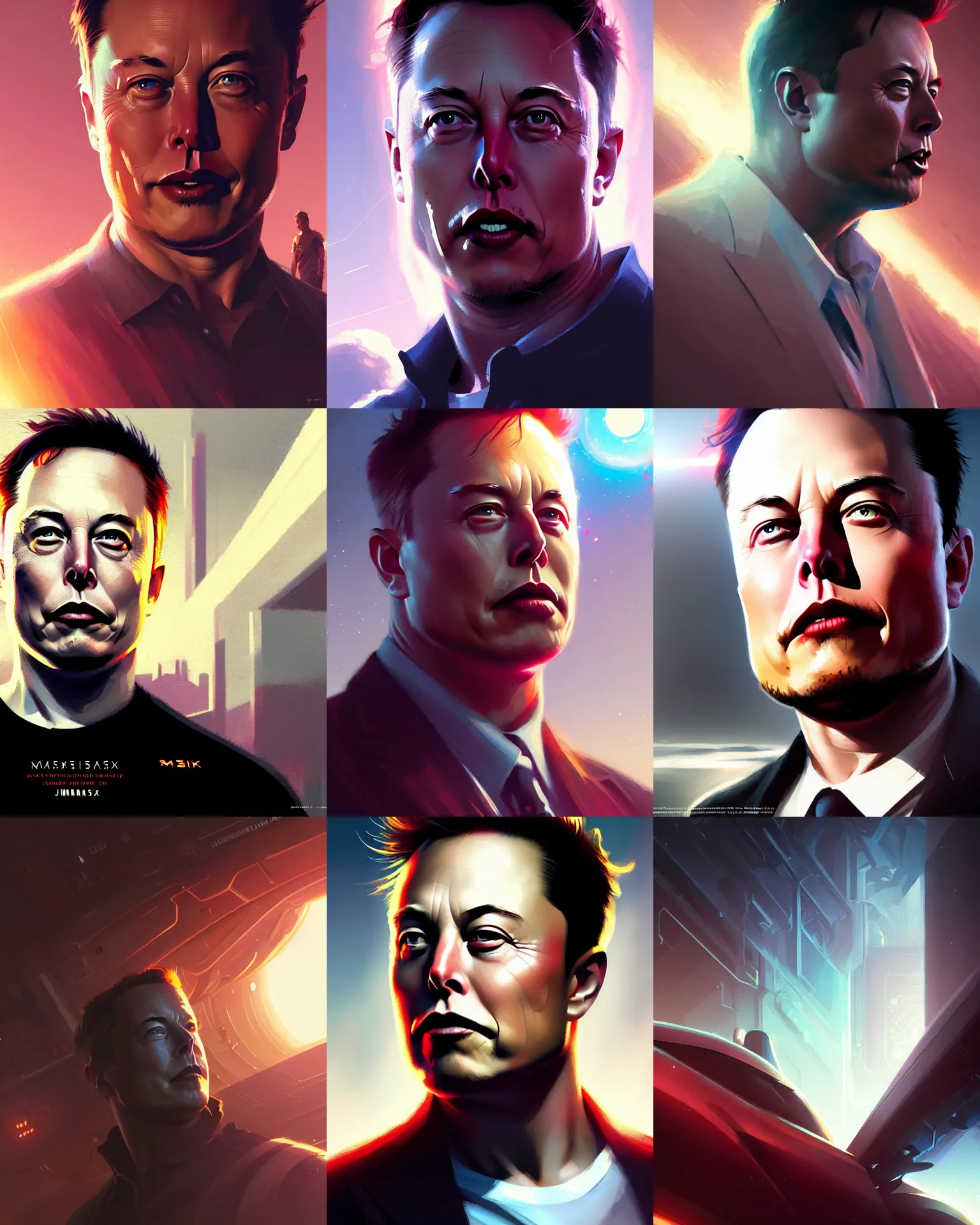 Prompt: Elon Musk, medium shot close up, details, sharp focus, movie poster illustration, by Jordan Grimmer and greg rutkowski, Trending artstation, pixiv, digital Art