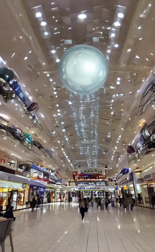 Prompt: photo of a chrome blob hovering in a mall food court, sharp wide shot mallsoft