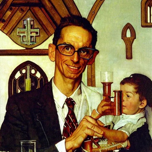 Prompt: male scientist holding a beaker next to a church altar with a child on it, painting by norman rockwell