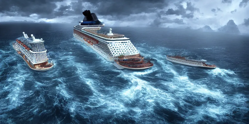 Image similar to one cruise ship sinken lying on its side in sea, dark, storm, thunderstorm unreal engine Hight detailed An epic fantastic realism dinamic lighting, Bermuda triangle