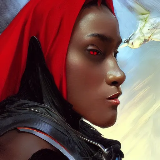 Image similar to Portrait of Little Red Riding Hood with a black panther, intricate, wild, highly detailed, digital painting, artstation, concept art, smooth, sharp focus, illustration, art by artgerm and greg rutkowski and alphonse mucha, footage from space camera