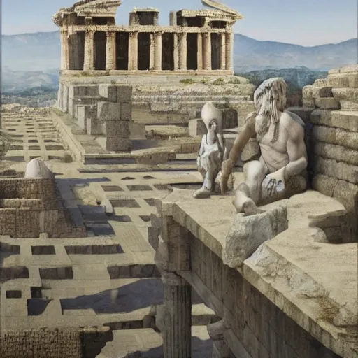 Image similar to young ancient greek godess in helmet, giant gray-haired bearded male head in background, ancient greek temple in background, by David Ligare, wide angle scifi landscape, hyperrealistic surrealism, award winning masterpiece with incredible details, epic stunning, infinity pool, a surreal vaporwave liminal space, highly detailed, trending on ArtStation, artgerm and greg rutkowski and alphonse mucha, daily deviation, IAMAG, broken giant marble head statue ruins, golden hour