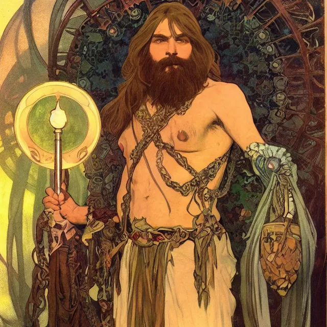 Prompt: an aesthetic! a detailed portrait of a man in a long beard, with a crown, holding a lantern by frank frazetta and alphonse mucha, oil on canvas, art nouveau dungeons and dragons fantasy art, hd, god rays, ray tracing, crisp contour lines, huhd