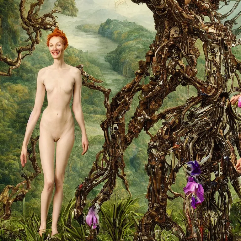 Prompt: a grinning dryad cate blanchet, who looks like a cybernetic alien stands pround in the middle of a river valley. around her are tropical birds and orchids and she is wearing an iris van herpen dress. painted by jan van eyck, egon schiele and max ernst, trending on artstation, 8 k, award winning, high octane