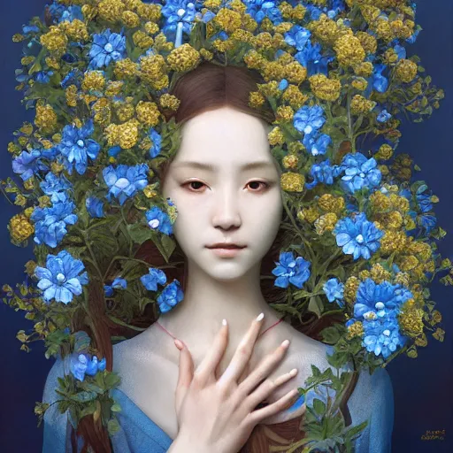 Image similar to breathtaking detailed concept art painting of the goddess of nemophila flowers, orthodox saint, with anxious, piercing eyes, ornate background, amalgamation of leaves and flowers, by Hsiao-Ron Cheng, James jean, Miho Hirano, Hayao Miyazaki, extremely moody lighting, 8K