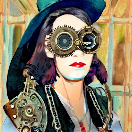 Prompt: Woman gouache self-portrait steampunk colorful technology