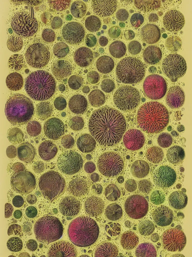 Prompt: Lithograph color print plate of fractalized Stephoidea and Diatoms, by Haeckel and Beksinski, detailed plant and fungi illustrations from Codex Seraphinianus, vivid color hues