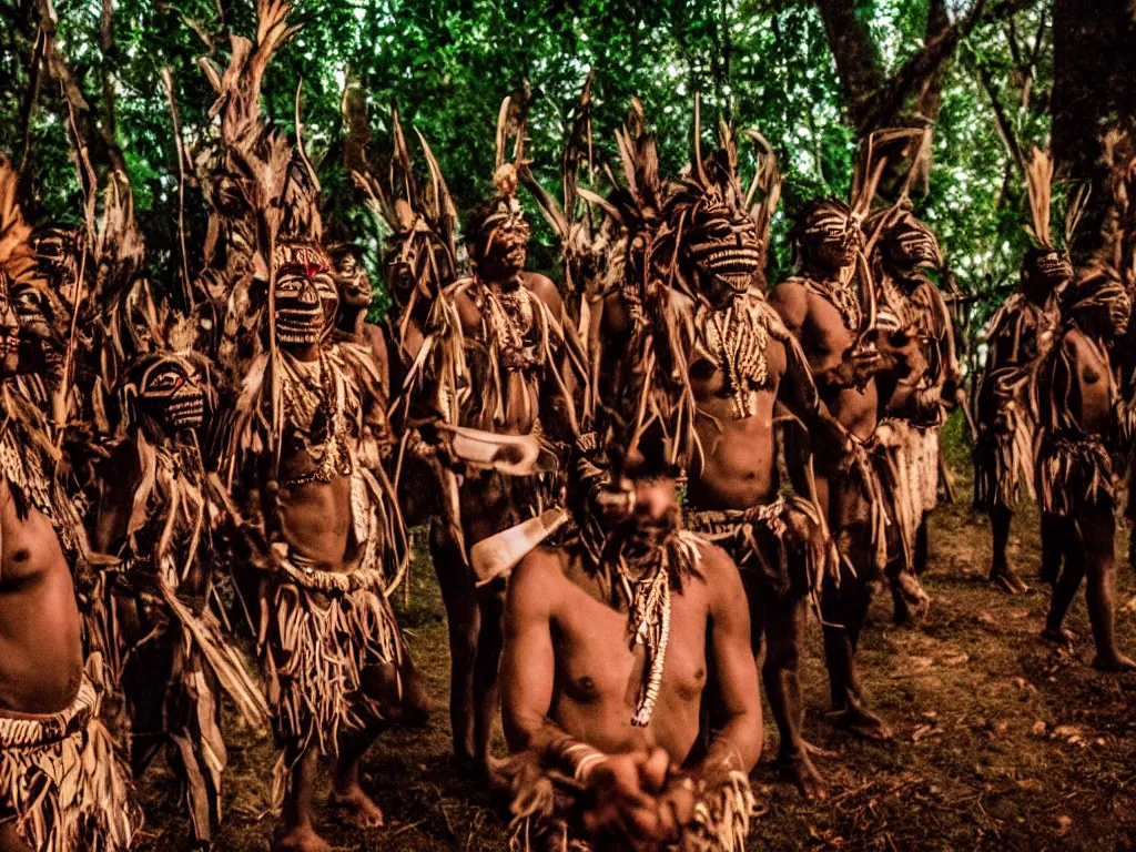 Image similar to cinematic, film grain, 3 5 mm, photography, midnight, ancient baluba tribe ceremony, shamans wearing fearsome tribal ancestors masks, emerging from dark woods, drummer, tribal dancers, transe, fire, congo, luba tribe