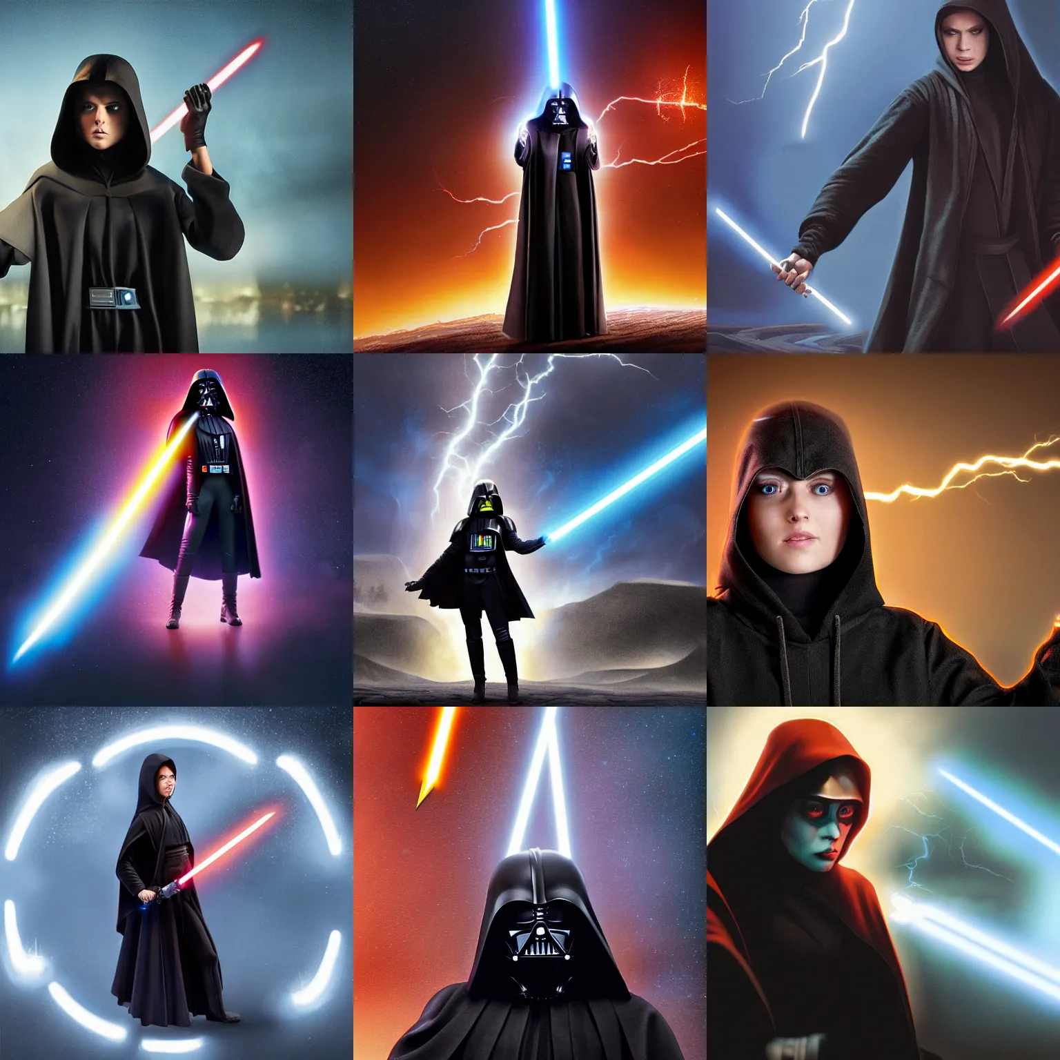 Prompt: a young woman in a black hooded jacket holding a lightning bolt as a star wars character, a detailed matte painting by edward george handel lucas, cg society, shock art, reimagined by industrial light and magic, flickering light, matte painting
