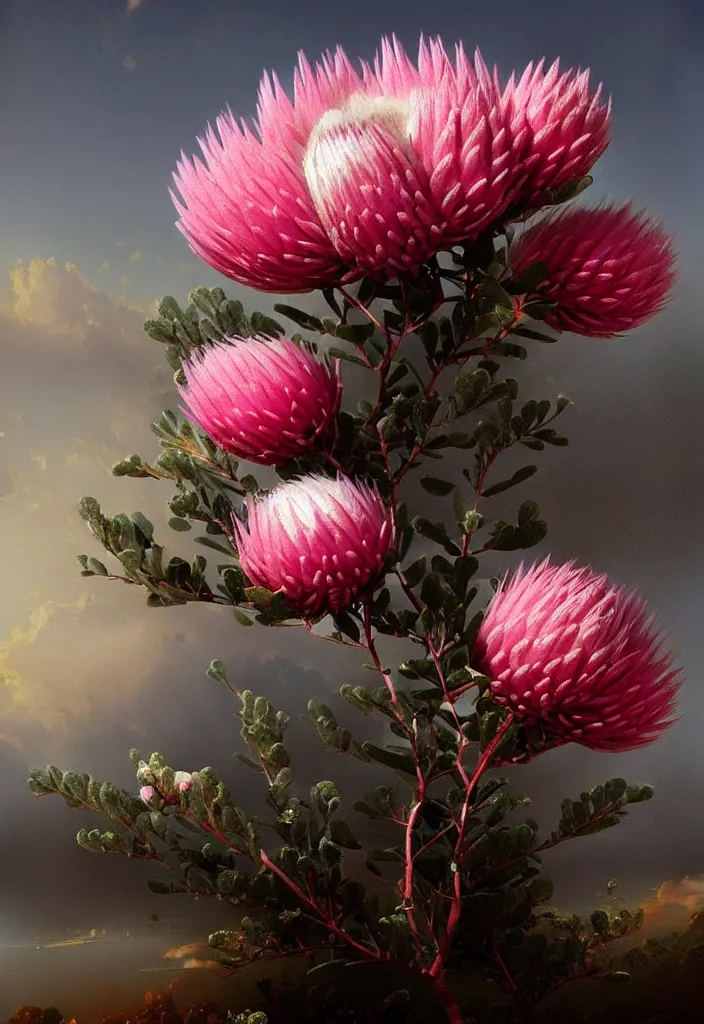 Image similar to detailed pink and white proteas against a black backdrop by ivan aivazovsky, detailed brush strokes, oil painting,, muted colours, artstation