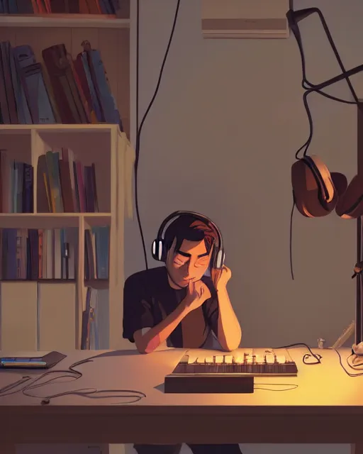 Image similar to man with headphones at his home studio producing music late at night, very detailed, 4 k, cory loftis, james gilleard, atey ghailan, makoto shinkai, goro fujita, studio ghibli, rim light, exquisite lighting, clear focus, very coherent