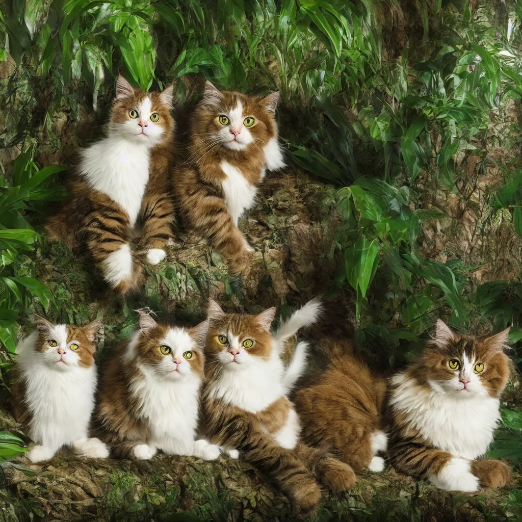 Image similar to ragdoll cats in a jungle, hyperrealistic, photorealism, realistic lighting, 4k