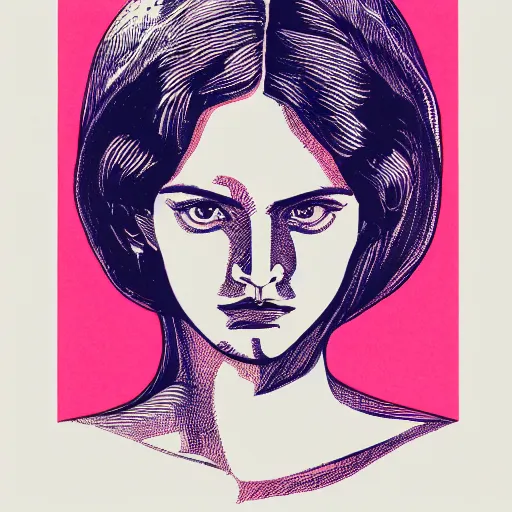 Image similar to a risograph of a beautiful woman, symmetrical