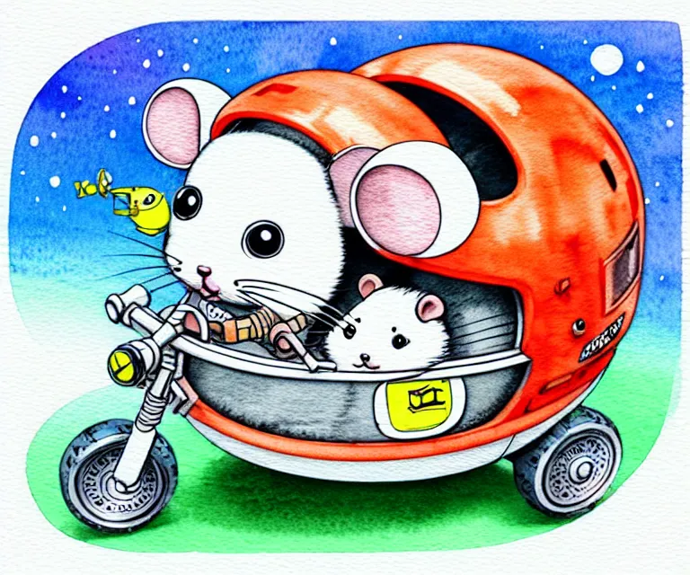 Image similar to cute and funny, hamster wearing a helmet riding in a tiny rocket ship, ratfink style by ed roth, centered award winning watercolor pen illustration, isometric illustration by chihiro iwasaki, edited by range murata, tiny details by artgerm and watercolor girl, symmetrically isometrically centered, focused