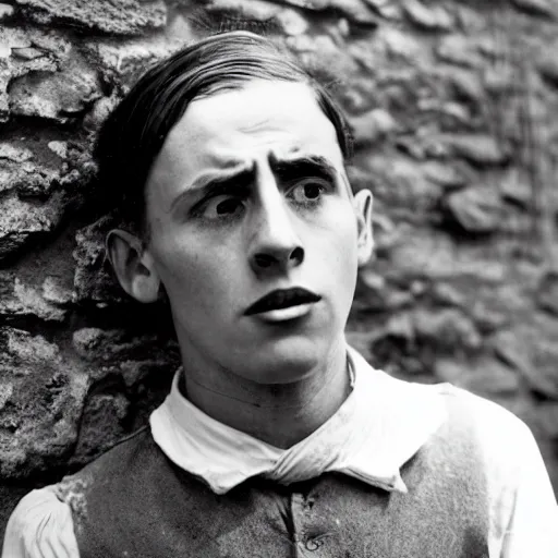 Prompt: Photograph of an utterly terrified young man on the verge of panic tears in 1930s attire with long hair cornered against a stone wall. He looks utterly panicked and distressed.