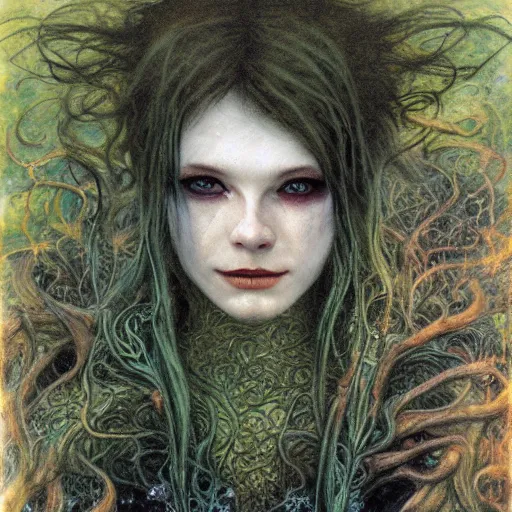 Image similar to smirking rusalka of the blighted swamp, aquiline features, black shimmering hair, by brian froud, cold secondary colors, oil on canvas