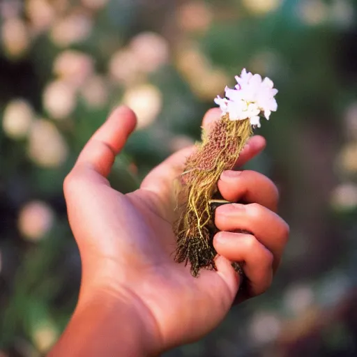 Image similar to girl holding a salchenwursage in the palm of her hand. 3 5 mm, f / 2, cinelux asa 1 0 0