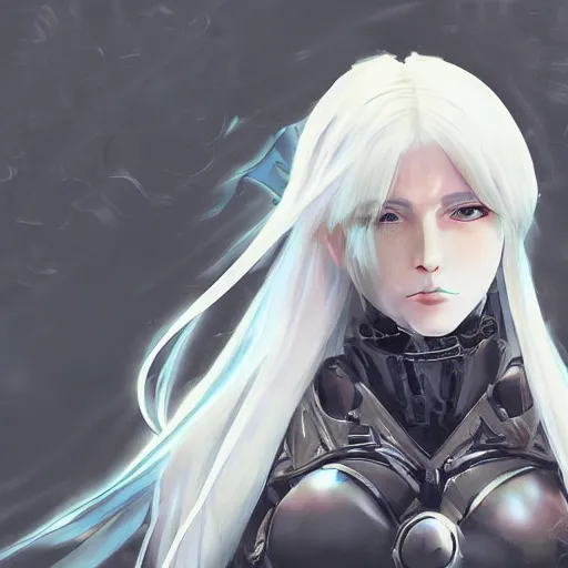 Image similar to Renaissance oil portrait of an anime girl with white hair wearing Elden Ring armour in the style of Yoji Shinkawa, weird camera angle, noisy film grain effect