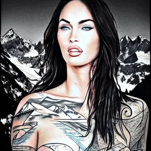 Image similar to megan fox & beautiful mountains, double exposure effect, medium sized tattoo sketch, amazing detail