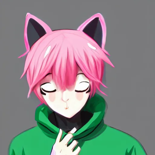 Image similar to cute young anime man with pink hair and pink wolf ears wearing a collar and a green hoodie, artstation