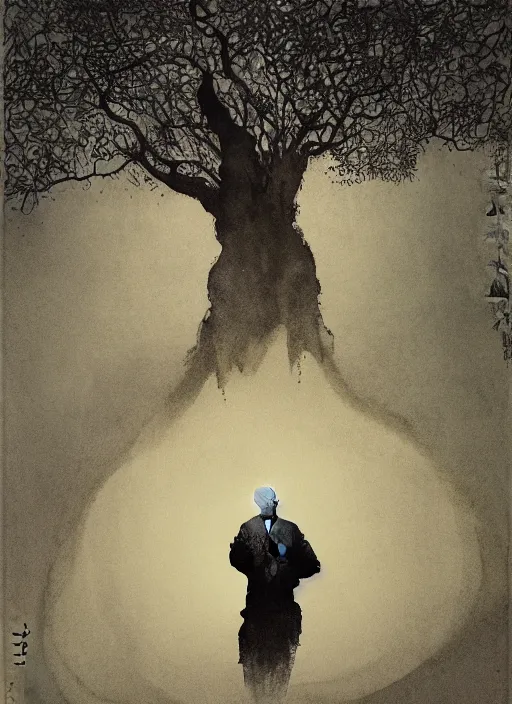 Image similar to portrait of Alan wats dressed like a zen monk meditating besides a tree, Using Stable Diffusion to paint, Odilón redon watercolor, dramatic lighting, cinematic, establishing shot, extremly high detail, foto realistic, cinematic lighting, pen and ink, intricate line drawings, by Yoshitaka Amano, Ruan Jia, Kentaro Miura, Artgerm, post processed, concept art, artstation, matte painting, style by eddie mendoza, raphael lacoste, alex ross