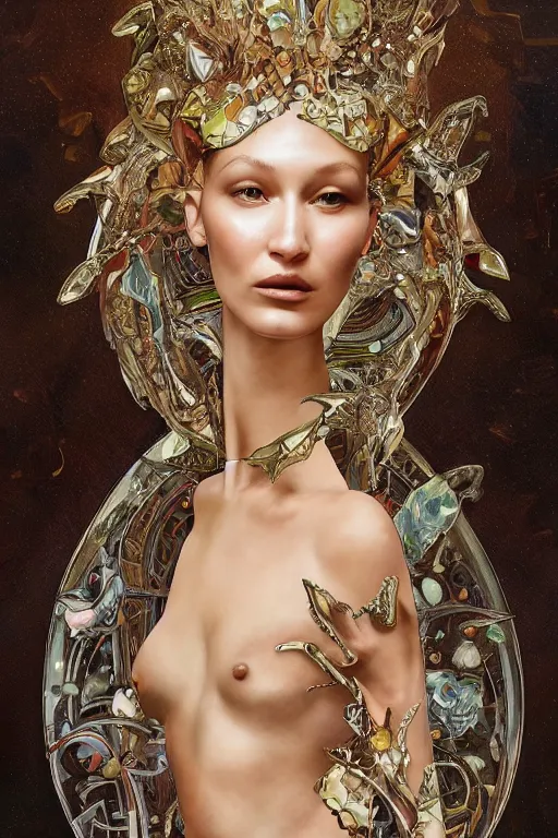 Prompt: a highly detailed painting of a beautiful alien goddess bella hadid in iris van herpen dress schiaparelli in diamonds in style of alphonse mucha art nuvo trending on artstation