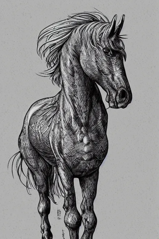 Image similar to horse in a field, symmetrical, highly detailed, digital art, sharp focus, trending on art station, kentaro miura manga art style