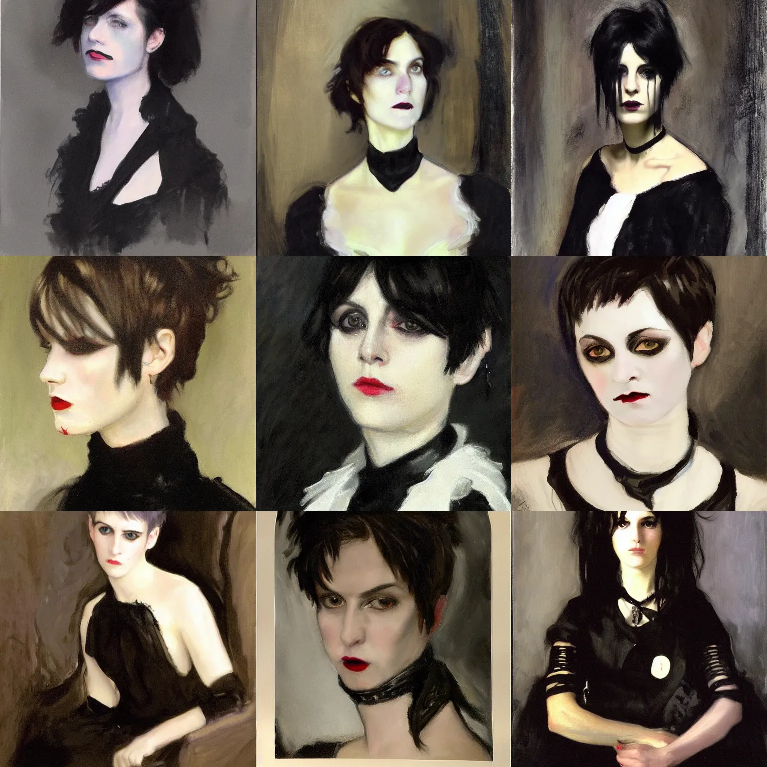 Prompt: A goth portrait painted by John Singer Sargent. Her hair is dark brown and cut into a short, messy pixie cut. She has a slightly rounded face, with a pointed chin, large entirely-black eyes, and a small nose. She is wearing a black tank top, a black leather jacket, a black knee-length skirt, a black choker, and black leather boots.