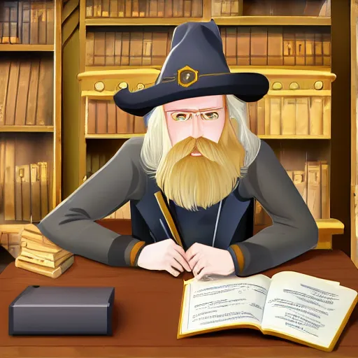 Prompt: A blond bearded D&D wizard in a wide brimmed hat using magical computer equipment at a desk cluttered with tomes, Pathfinder D&D character portrait