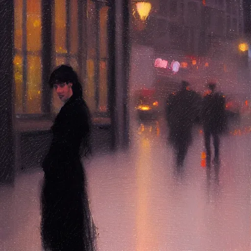 Prompt: detailed portrait of a woman in the city street at night, bokeh, long exposure, painting by jeremy lipking