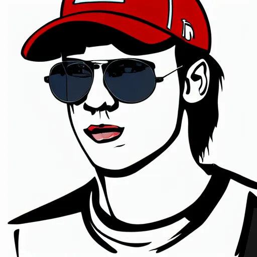 Prompt: the portrait of a young man, sunglasses, red backwards cap, mid long hair, vector art, chain, detailed face, high detail, high definiton, ultra realistic,