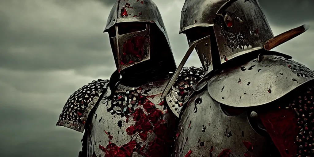 Image similar to film still of closeup the knight in shattered armor holds a bleeding heart by emmanuel lubezki