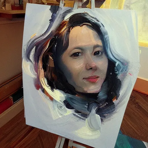 Prompt: “swirling painting of portrait of artist, artstation”