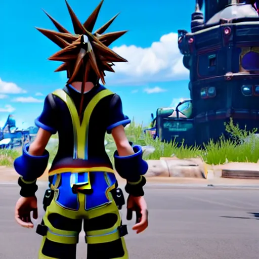 Image similar to Kingdom Hearts 3 as a First Person Shooter game, Fallout 4 inspired screenshot of kingdom hearts 3, uhd 4k, unreal engine 4, stunning visuals with rtx on, trending on artstation, Disney Square Enix and Fortnite Crossover